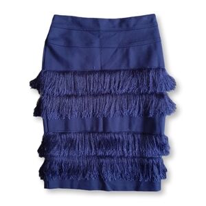 Eva Franco Anthropologie Fringe Pencil Skirt Stretchy Navy Blue Womens Size 6
